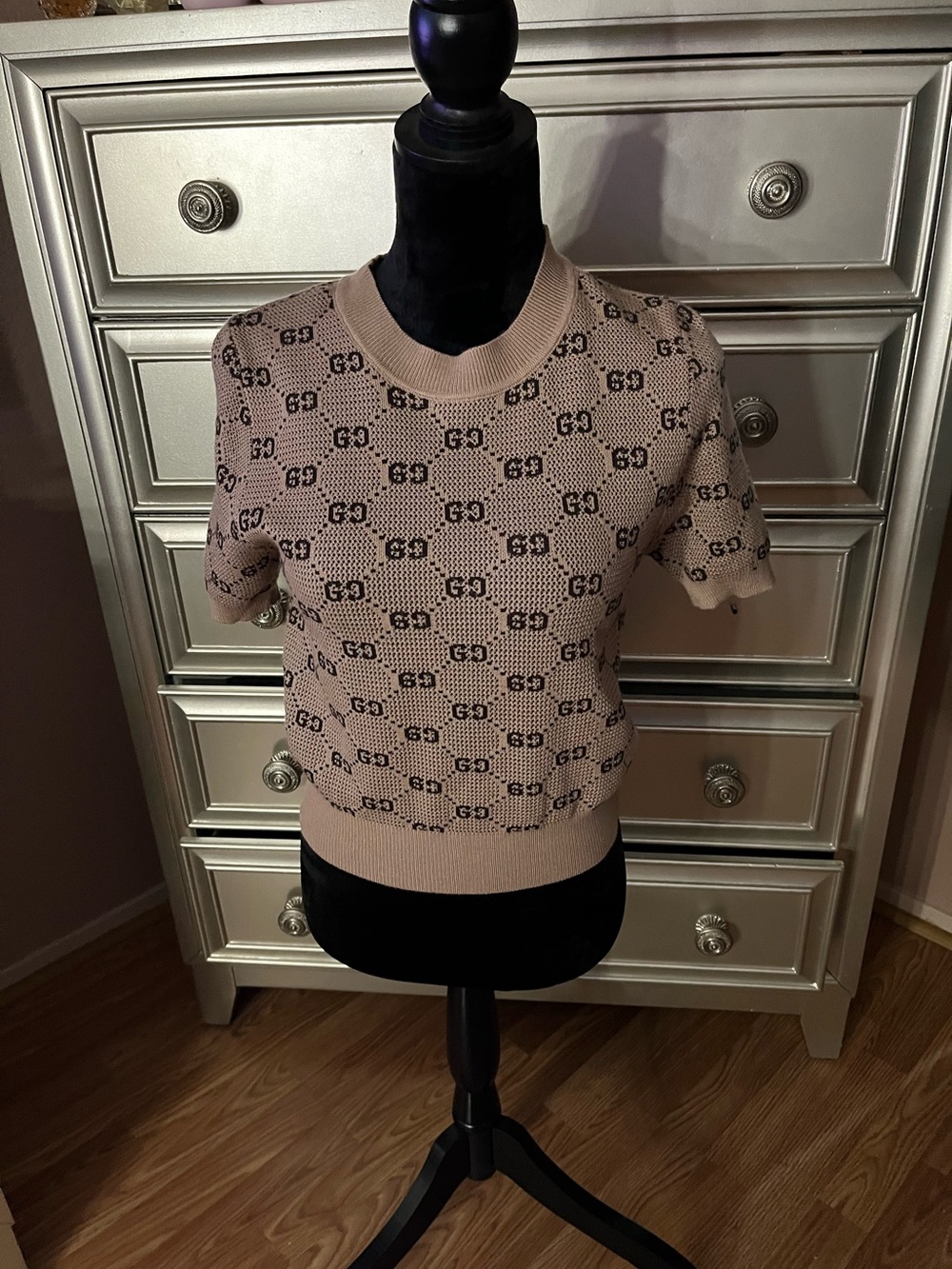 Gucci brown/ beige GG Jacquard Short Sleeve Knit Top